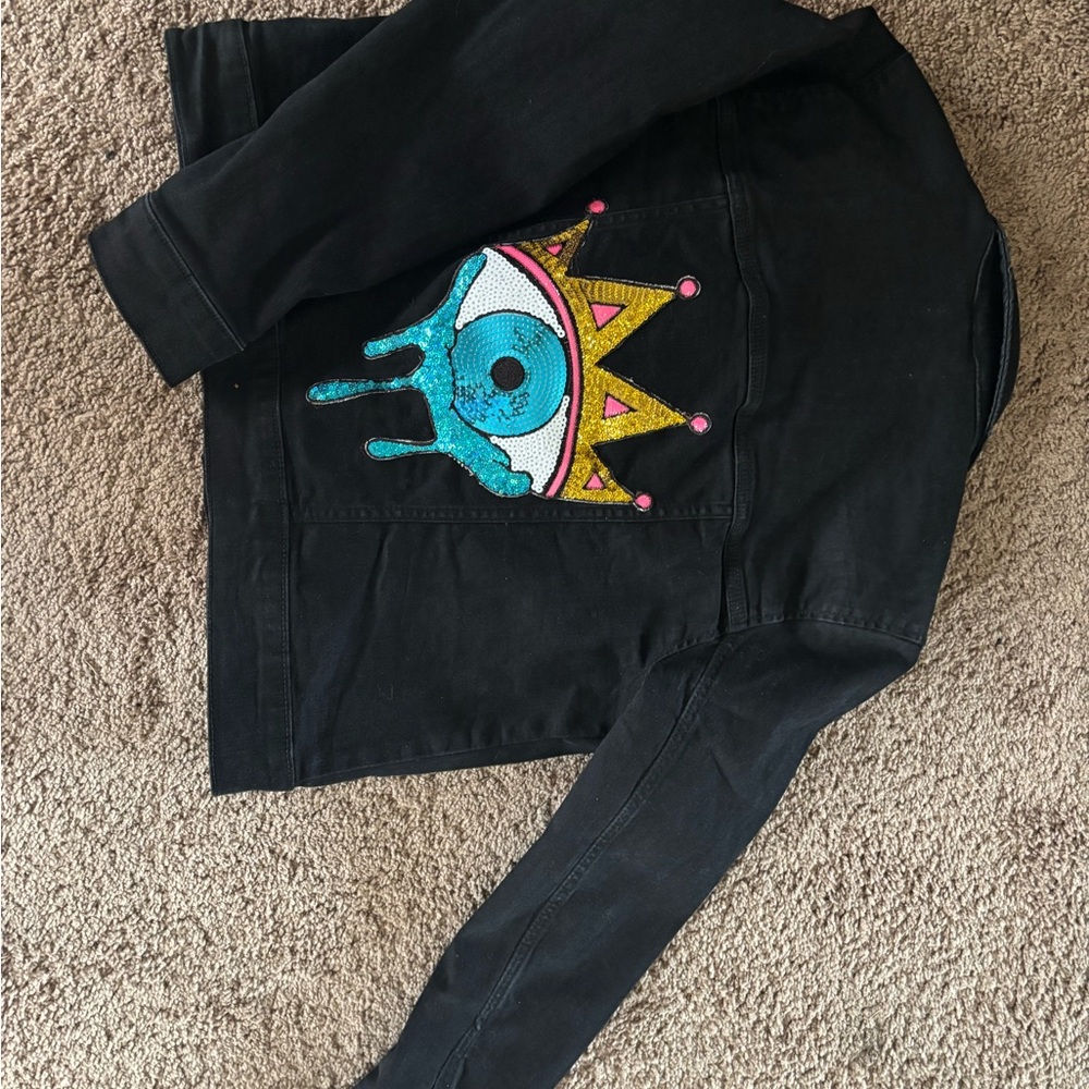 Kids Black Denim Jacket with Eye Design